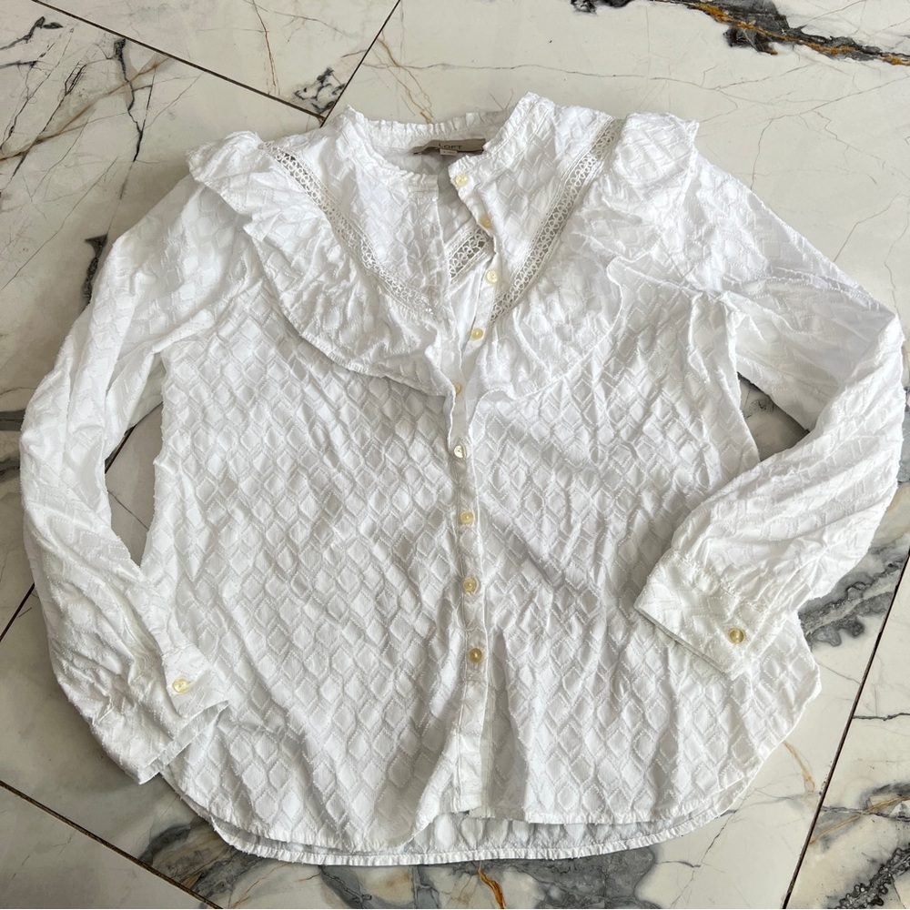 LOFT White Ruffle Eyelet Lace Pintuck Blouse Victorian Cottagecore Top Small